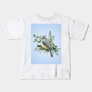 Grey Bird in tree on a pale blue background Kids T-Shirt